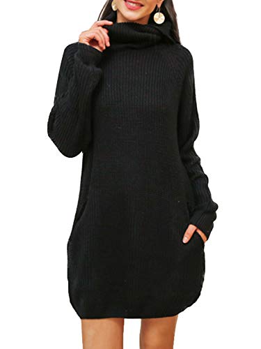 Simplee Women's Winter Warm Loose Turtleneck Oversized Pullover Sweater Dress,Black,One Size