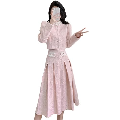 Ensemble 2 pièces femme jupe longue plissée et veste style tweed