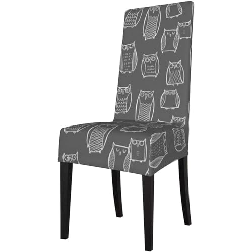 YsoLda Funda para Silla, Funda para Silla de Comedor, Protector de Asiento, Funda elástica para Cocina, Hotel, Comedor, búho Nocturno, Gris y Blanco