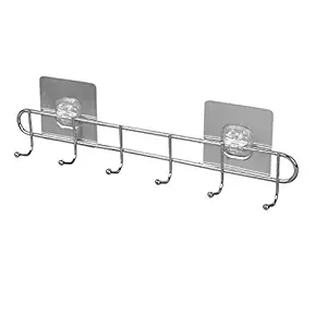 DENSITY COLLECTION Stainless Steel Magic Sticker Self Adhesive Bathroom Wall Hook Weight Load Capacity-5 Kg -pack of 1 with 6 Hooks (Silver)
