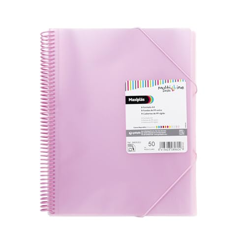 Grafoplas - Carpeta con Fundas Transparentes, A4, Rosa Claro, 50 Forros de Polipropileno Extra, Tapas de Plástico Flexible, Espiral PVC, Maxiplás Multiline, Perfecto como Material Escolar y Oficina