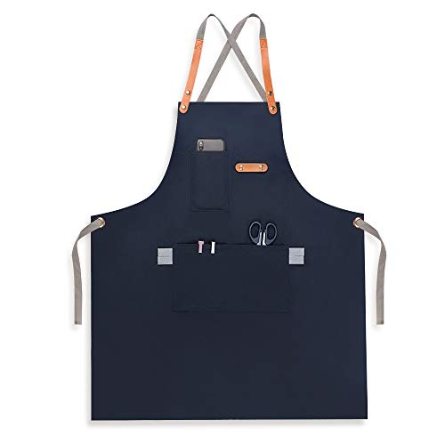 Aprons for Men Chef Apron, Men's Work Apron Cross Back Apron Canvas Apron for Women with Pockets Adjustable Aprons for Work(Blue Canvas)