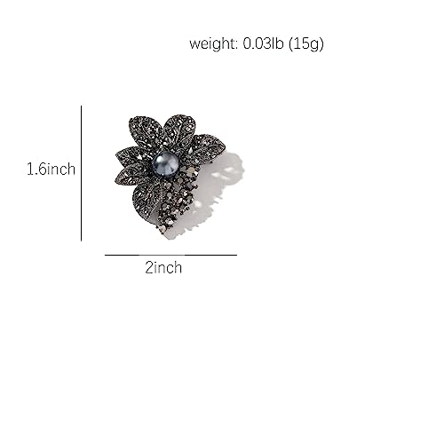Image of ROFARSO Dark Silver Victorian Style Flowers Brooch Pin with Black Pearl for Women Dark Gray Rhinestone Crystal Accessory for Wedding Party Gifts