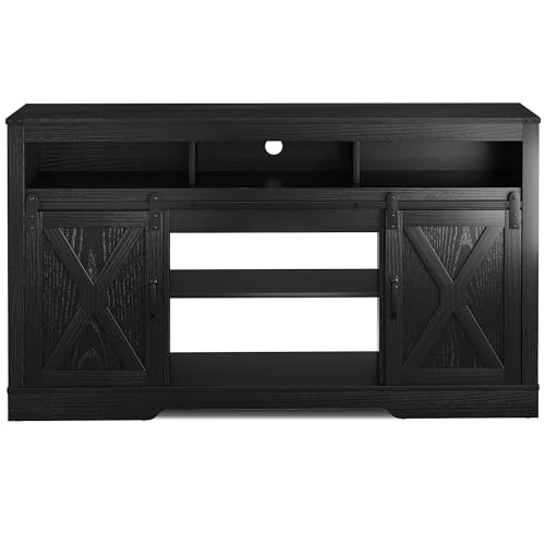 May in Color Farmhouse Fireplace TV Stand for 65+ Inch TV, Modern Rustic TV Console with Sliding Bar Door, Entertainment Center with 23" Electric Fireplace with Remote for Living Room, Black