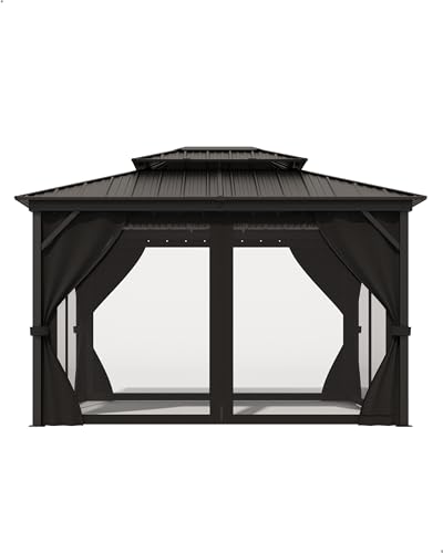 10x12 Ft Hardtop Gazebos with Heavy Duty Double Roof, Nettings and Curtains Galvanized Steel Outdoor Gazebos for Patio, Backyard, Deck, Lawn (Grey)