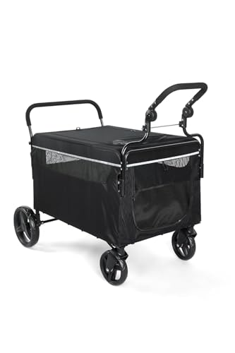 GarveeLife Passeggino per cani 2 in 1, pieghevole, per cani e gatti di grandi dimensioni e medie dimensioni, con finestre a rete, supporto per bevande, manico regolabile e ruote a 360°, fino a 50 kg