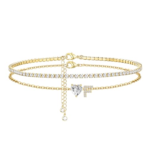 Image of Gold Initial Ankle Bracelets for Women 14K Gold Plated CZ heart Tennis Anklets for Women Waterproof Layered Adjustable Letter Anklets Large Ankle Summer Beach Foot Jewelry