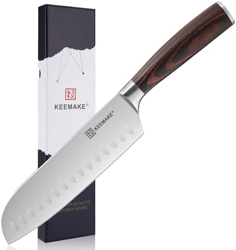 KEEMAKE Couteau Santoku 18cm Japonais Style, Couteau Cuisine Professionnel en Acier Dureté HRC58, Couteau de Cuisine pour Poisson Légumes Sushi, Poignée en Pakkawood