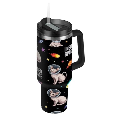 RPLIFE Gatti Astronauta Caschi Nero Tumbler con Manico 880,5 g Tazze con Coperchi, Bicchieri in Acciaio Inox per Donne Uomini Viaggi
