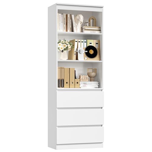 FirFurd Estantería con 3 Cajones, Almacenaje Madera, Librería, Mueble para Organizar Documentos, Archivadores, Carpetas, Libros, para Oficina, Salón, Blanco