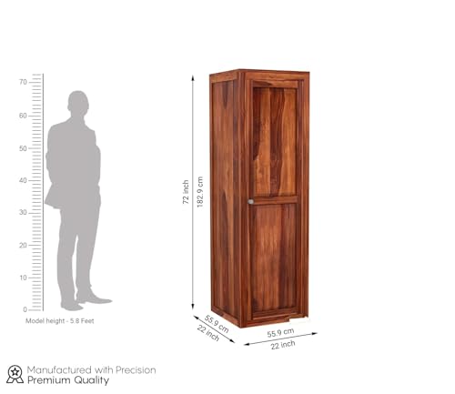 Image of Sheesham Wood Wooden Single Door Wardrobe Organizer for Clothes | - Solid Wood Almirah with 5 Shelves - Cupboard for Large Bedroom, Natural Finish