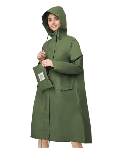 Image of Venzina Raincoat for Women High Waterproof Hooded Rain Jacket Zip-up Rain Coat Knee-length Lightweight Rainwear with Storage Pouch, Stylish A-line Poncho for Camping, Commutes, Travel