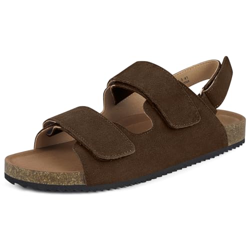Mens Womens Cork Footbed Sandals Suede Leather Flat Sandals Arch Support Orthotic Summer Slip on Open Toe Outdoor Slide Shoes with Adjustable Double Strap & Back Strap