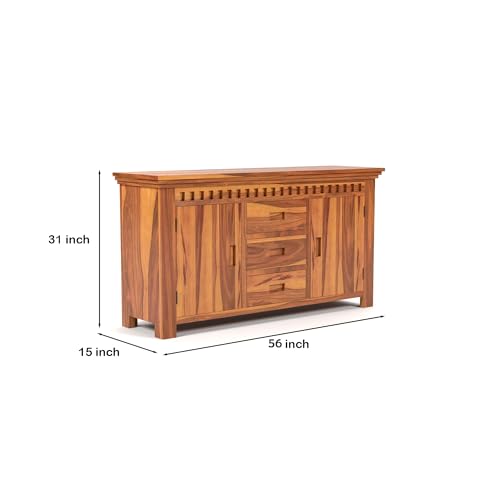 Image of Solid Sheesham Wood Wooden Sideboard Storage Cabinet & Chest of Drawer : Ideal for Living Room and Bedroom with 3 Drawers and 4-Shelf Storage(Carter,Honey Finish)