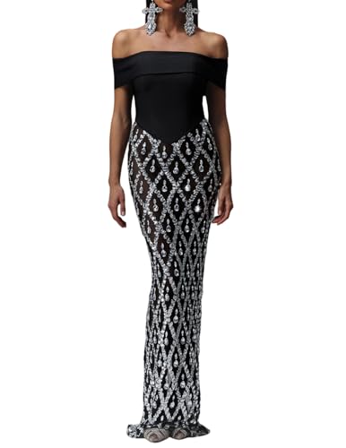 BELLA BARNETT Glamorous Black Off Shoulder Sequin Dress Embellished Mesh Mermaid Formal Galas