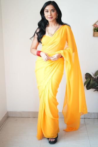 Image of StyleScope Women's Plain Georgette Ready To Wear One Minute Saree With Unstitched Blouse Piece (Kalki)