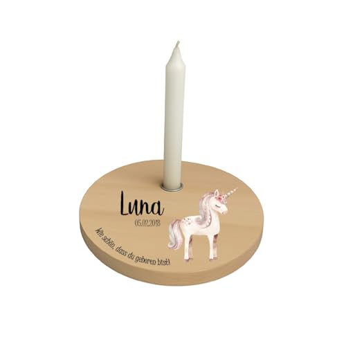 minimutz Geburtstagsteller Holz für Kinder, Personalisiert mit Name, Kerzenteller buntes Motiv Boho Einhorn, Geburtstagskranz Set mit Kerze, Alternativer Geburtsagszug