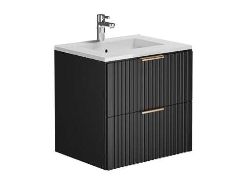 Vente-unique - Meuble de Salle de Bain Suspendu strié avec Vasque à encastrer - Noir - 60 cm - ZEVARA