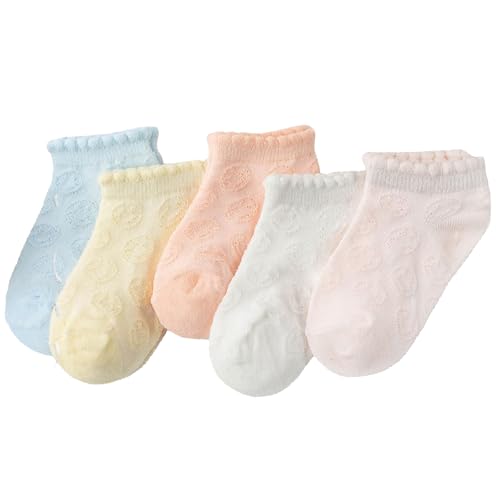 5 Pack Girls Boys Low Cut Socks with Ruffled Cuff Smiley Faces Mesh Thin Cotton Summer No Show Socks for Toddler Kids