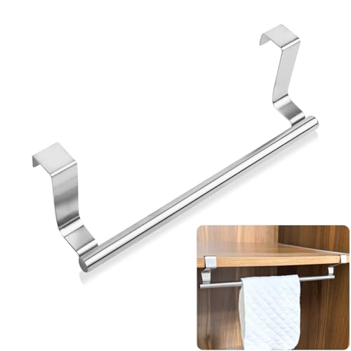 Image of Mziart Over The Door Towel Rack for Bathroom Kitchen, 14 Inch Brushed Stainless Steel Over Cabinet Towel Bar with Hooks, Cupboard Towel Holder, Space-Saving Towel Hanger, Silver
