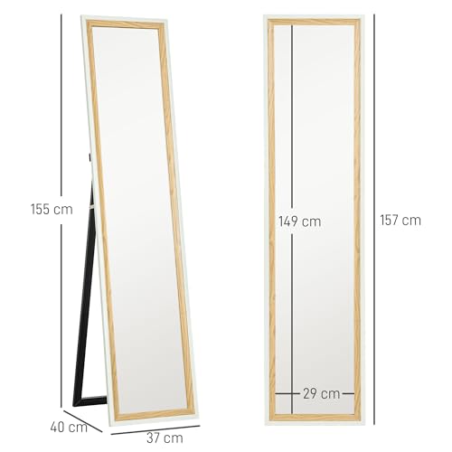 HOMCOM Espejo de Pie Cuerpo Entero 157x37 cm, Espejo Grande de Pared con Marco Bicolor, de Pie, Inclinado o Colgante, para Salón, Dormitorio, Pasillo, Entrada, Blanco y Natural Oscuro - imagen 7