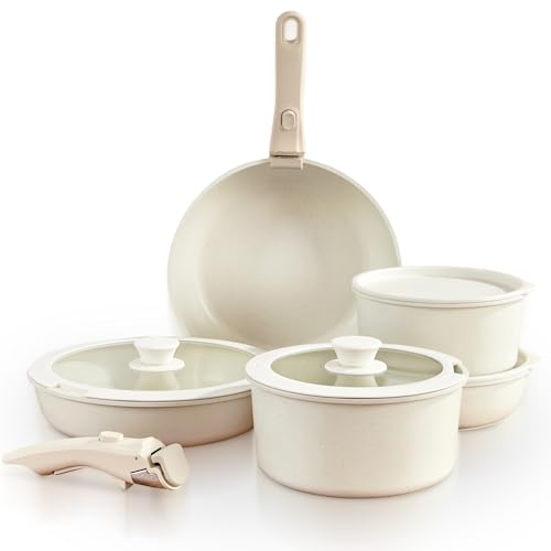 GOURMETIFIC Pots and Pans Cookware Set [11 PIECES] - Non Toxic Ceramic Coated Cooking Ware - Induction Gas & Oven Kitchenware - Non Stick Pot & Pan with Removable Handles & Stackable (Cream)