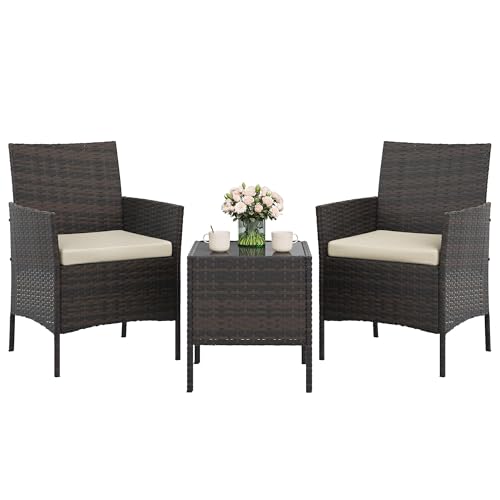 Image of GAOMON 3-Piece Patio Furniture Set, Modern PE Rattan Conversation Set with 2 Chairs & Tempered Glass Coffee Table, All-Weather Outdoor Seating for Garden, Porch, Balcony, Poolside, Brown /Cream