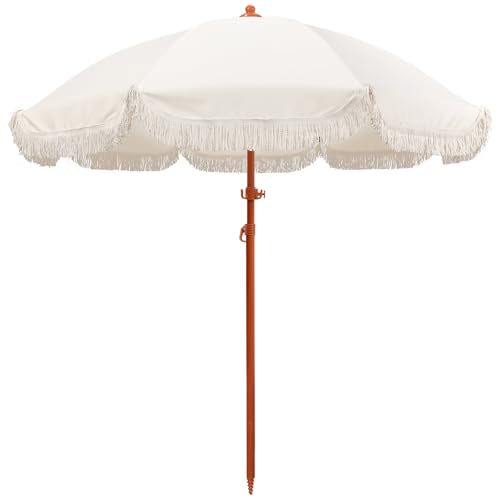 Jihfmo 7.3ft Cream/White Boho Fringe Beach Umbrella 8mm Ribs Sand Anchor