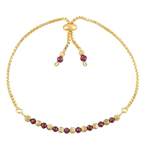 Natural Red Garnet Gemstone Round Beads Bolo Bracelet, Chakra Healing Crystals, 14k Gold Plated, Adjustable Slider, Birthday, Wedding, Handmade, 6-9 inch, Valentine Day Gift (Red Garnet)