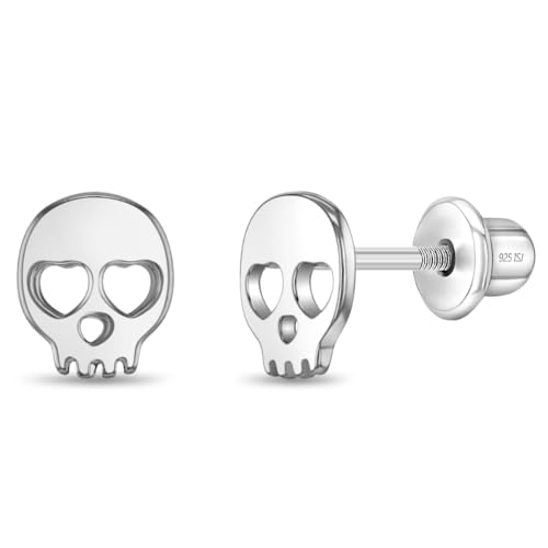 925 Sterling Silver Heart Eye Skull Safety Screw Back Earrings For Little Girls & Preteens - Adorable Children's Halloween Earrings - Tiny Polished Skull Earrings For Young Girls