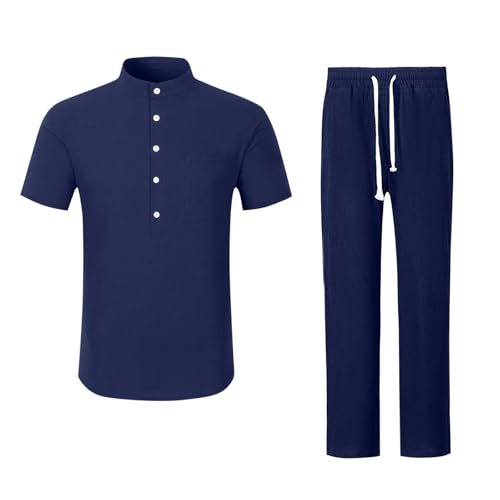 Sinzelimin Men's Linen Henley Shirts Trouser Sets Short Sleeves Button Down Lapel Hawaiian Blouse Top Pant 2 Piece Outfits2