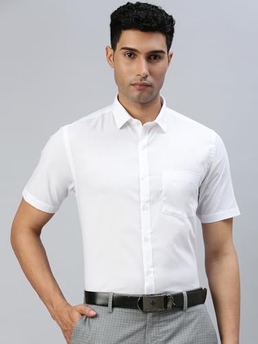 Image of RAMRAJ COTTON Men White Half Sleeve Shirt Crafted For Comfort| Durability| And Timeless Everyday Style