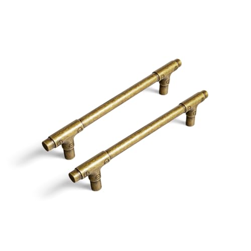 Deuschwer 6 Pack Antique Brass Cabinet Pulls, 5 Inch Hole Center Vintage Industrial Pipe Drawer Handles, Solid Zinc Alloy Retro Steampunk T-Bar Hardware for Kitchen Cupboard, Dresser, Wardrobe