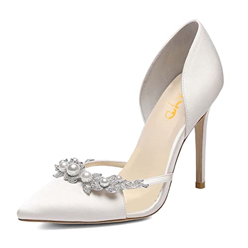 XYD Women Elegant Rhinestones Pearl High Heel Pumps D'Orsay Closed Pointy Toe Stiletto Slip On Wedding Bride Dress Party Shoes