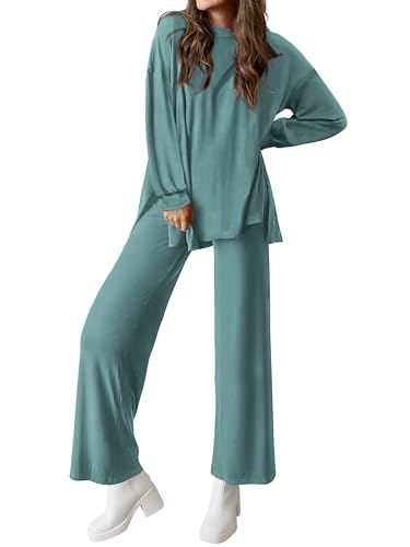 PRETTYGARDEN Women 2 Piece Sets Casual Crewneck Lounge Set Long Sleeve Tops and Wide Leg Pants Travel Tracksuit Fall Outfits