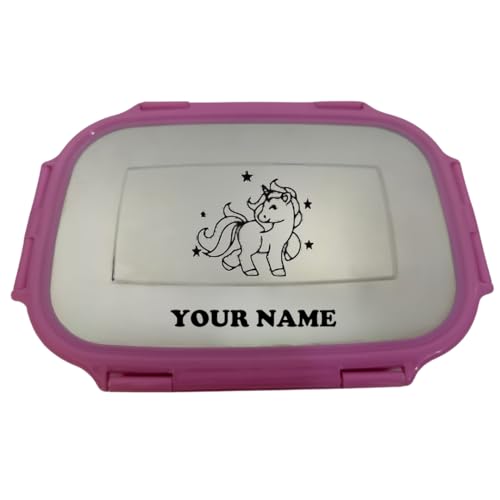 Image of ncgifts Stainless Steel Personalized Tiffin | Customized Lunch Boz with Name for Kids | Personalized Tiffin Box | with Permanent Name Engrave and Cartoon | Birthday Gift, Return Gifts. (Pink), 900 ml