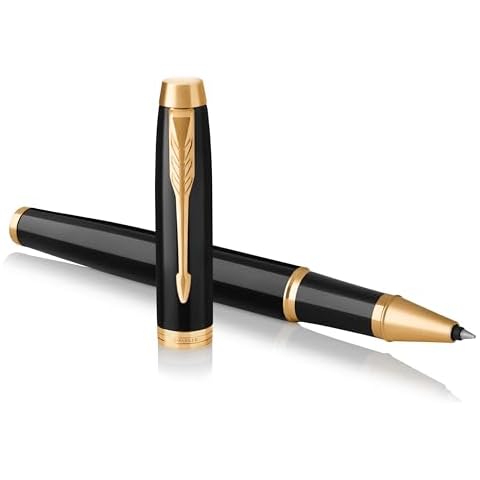 PARKER IM Rollerball Pen, Black Lacquer Gold Trim with Fine Point Black Ink Refill, Gift Box (1931659), Black and Gold Cover