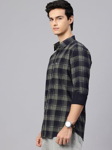 Image of Majestic Man Men Comfort Slim Fit Opaque Checked Pure Cotton Casual Shirt