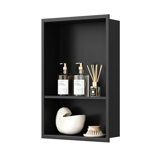 Neodrain 12X18 Inch Matte Black Double Shelf Stainless Steel Shower Niche, No Tile Needed Bathroom Organizer, Two Layer Recessed Built-in Wall Niche