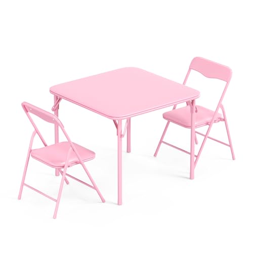 Image of JOYMOR Kids Folding Table and Chairs Set, 3-Piece Metal Frame Activity Set with Easy-Fold Design for Playroom & Classroom (Pink)