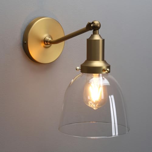 Image of PERMO Industrial Vintage Slope Pole Wall Mount Single Sconce with 6.7 inch Oval Dome Clear Glass Shade Antique Gold Wall Sconce Light Fixture