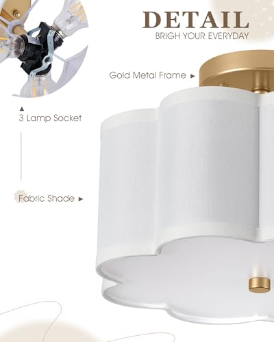 Image of Gold Semi Flush Mount Ceiling Light, 3-Light 12.5 inch Ceiling Lighting Fixtures with Fabric Shade in Flower Shape, Farmhouse Brass Drum Lights for Nursery Hallway Bedroom, AD-22007-3SF-GD