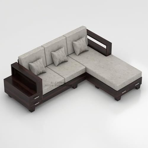 Image of Sheesham Wooden 4 Seater L- Shape Sofa for Living Room | Solid Wood Sofa with Side Box Storage & Cushion | Rosewood Sofa Set for Home & Office | Lounge (Walnut, 4 Seater)