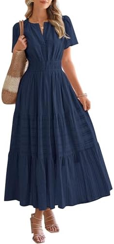 BTFBM Womens Summer 2026 Casual Midi Maxi Dresses Lightweight Short Sleeve V Neck Elastic Waist Boho Beach Dress Pockets