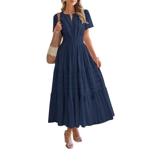 BTFBM Womens Summer 2025 Casual Midi Maxi Dresses Lightweight Short Sleeve V Neck Elastic Waist Boho Beach Dress Pockets