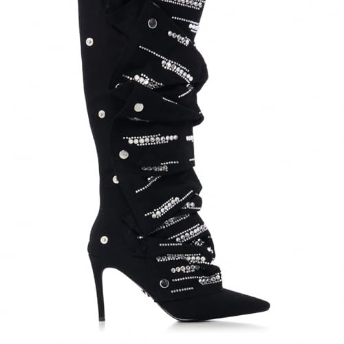 Women's suede Sparkly Rhinestone Stiletto Knee High Pointed Toe Zipper High Heel Shark Boots4