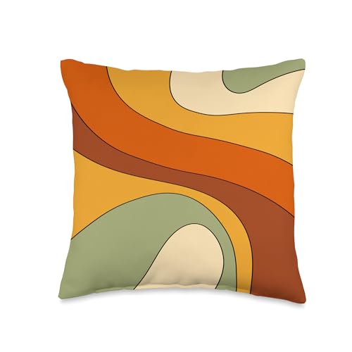 Retro Liquid Swirl Rainbow 70s Aesthetic Boho Burnt Orange Throw Pillow