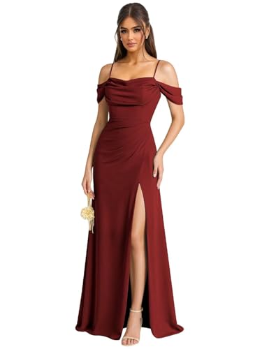 HUINI Schulterfreie Brautjungfernkleider mit Schlitz Langes Chiffon Hochzeitsgastkleid Formelles Abendkleid für Damen Weinrot 40