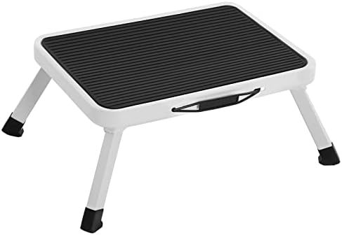 SONGMICS Step Ladder, Folding Step Stool, Steel, Meets EN 14183 Standard, Non-Slip Rubber Pad, for Bathroom, Kitchen, Load up to 150 kg, 37.5 x 26.5 x 17.5 cm, White GSL01WT