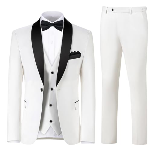 Men Tuxedo Suits for Wedding Prom 3 Piece Slim Fit Suit Jacket Vest Pants White Suits Premium Dinner Tuxedo Set M